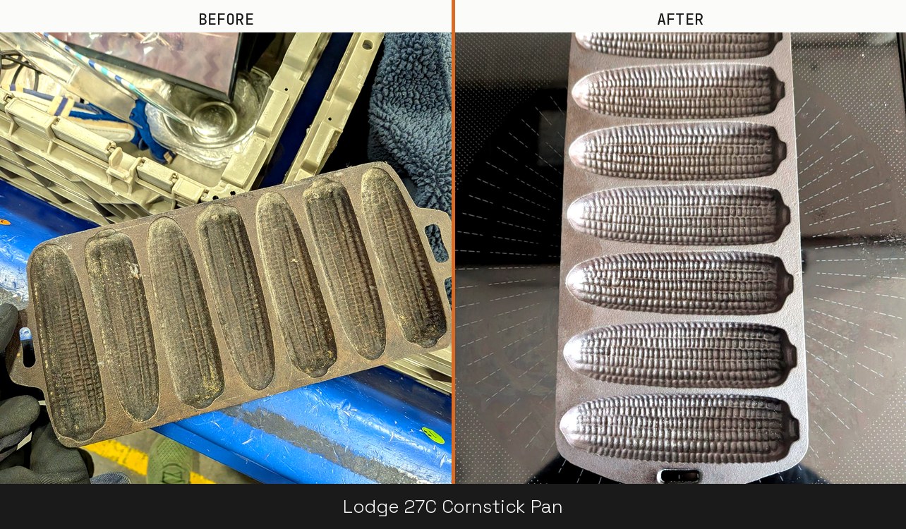 Lodge 27C cornstick pan, before and after restoration