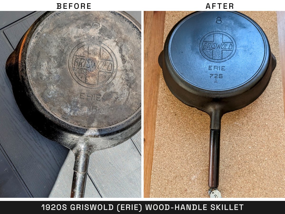 1920s Griswold Erie wood-handle skillet, before and after restoration