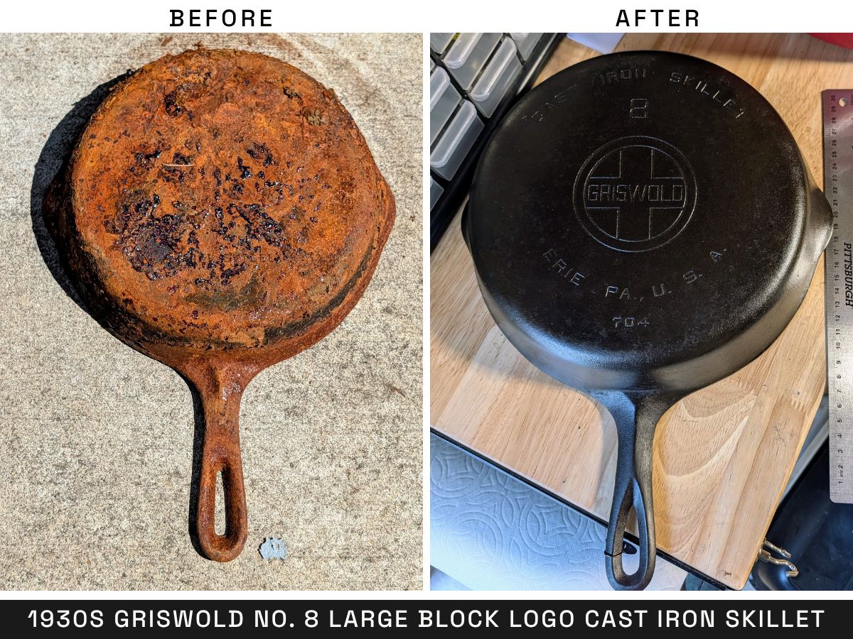 1930s Griswold No. 8 large block logo cast iron skillet, before and after restoration