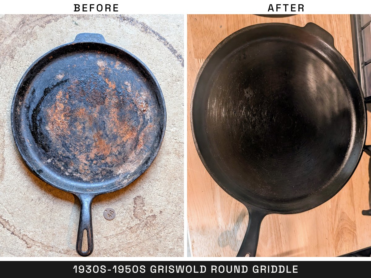 1930s-1950s Griswold round griddle, before and after restoration