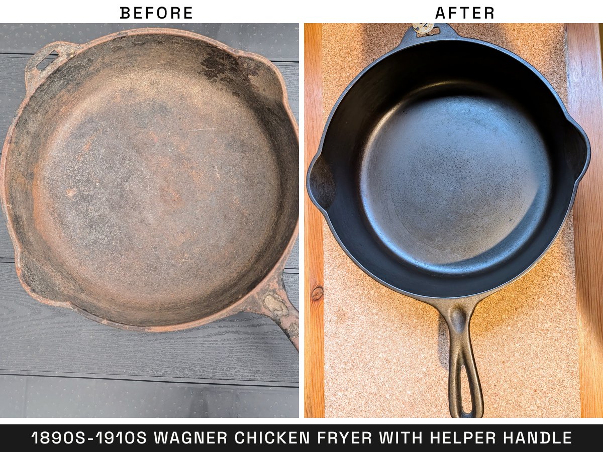 1890s-1910s Wagner chicken fryer with helper handle, before and after restoration
